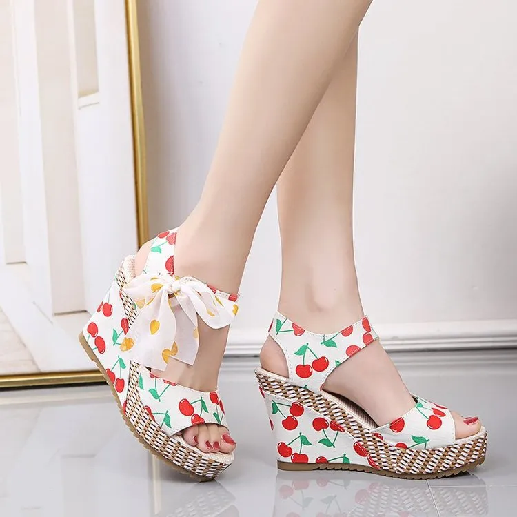 Boho Floral Wedge Sandals Women's Ankle Strap Platform Gladiator Shoes
