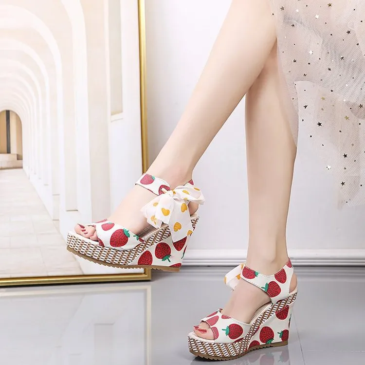 Boho Floral Wedge Sandals Women's Ankle Strap Platform Gladiator Shoes