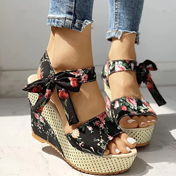 Boho Floral Wedge Sandals Women's Ankle Strap Platform Gladiator Shoes