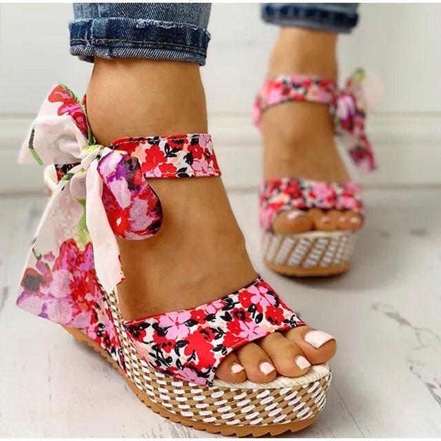 Boho Floral Wedge Sandals Women's Ankle Strap Platform Gladiator Shoes