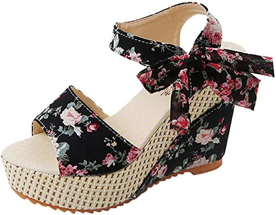 Boho Floral Wedge Sandals Women's Ankle Strap Platform Gladiator Shoes