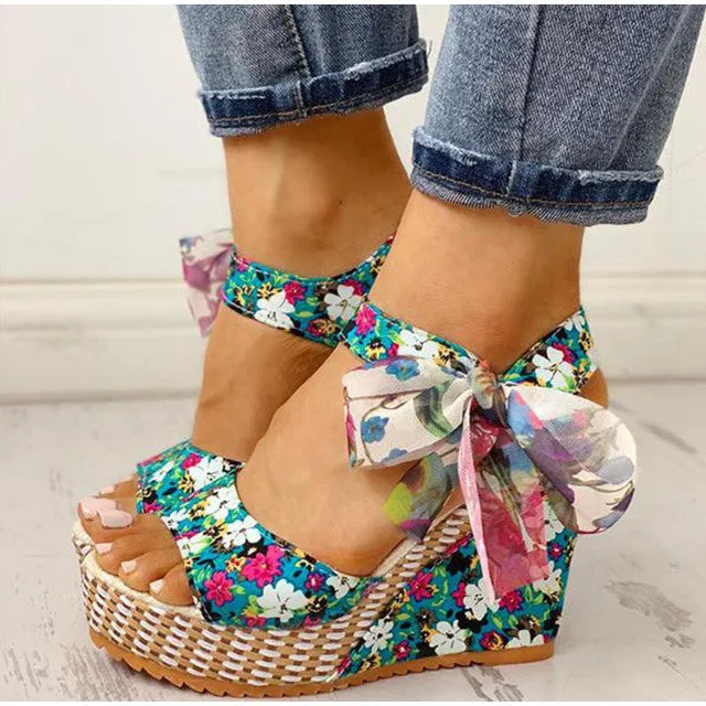 Boho Floral Wedge Sandals Women's Ankle Strap Platform Gladiator Shoes