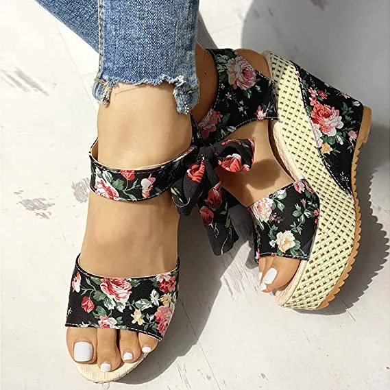 Boho Floral Wedge Sandals Women's Ankle Strap Platform Gladiator Shoes