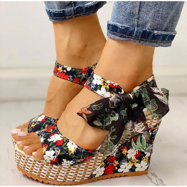 Boho Floral Wedge Sandals Women's Ankle Strap Platform Gladiator Shoes