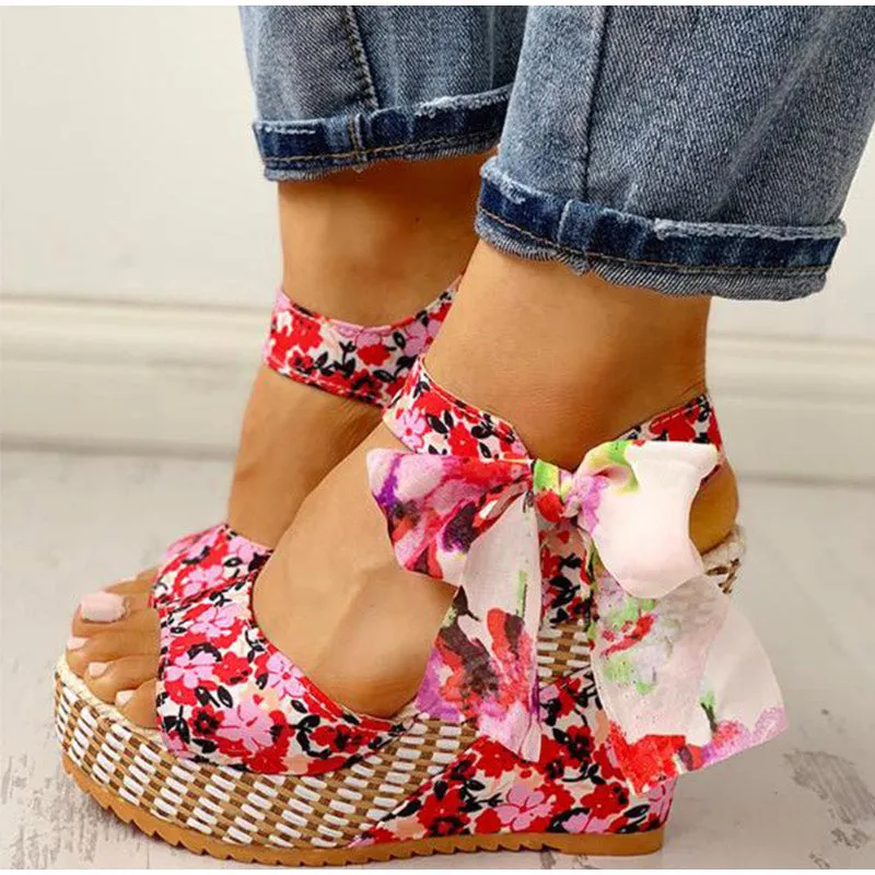 Boho Floral Wedge Sandals Women's Ankle Strap Platform Gladiator Shoes