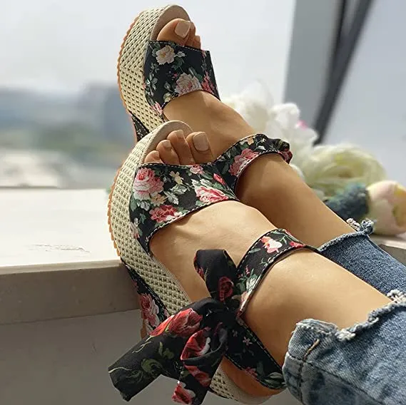 Boho Floral Wedge Sandals Women's Ankle Strap Platform Gladiator Shoes
