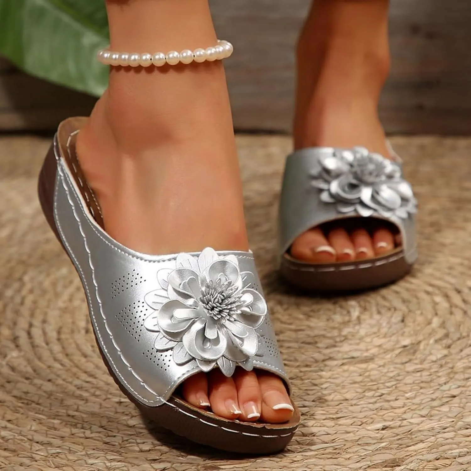 Chic Flowers Orthopedic Sandals for Women Summer Beach Comfortable Sandals Wedge Low Open Toe Slides Fish Mouth Leather Slippers Dressy Casual Slip-On with Arch Support