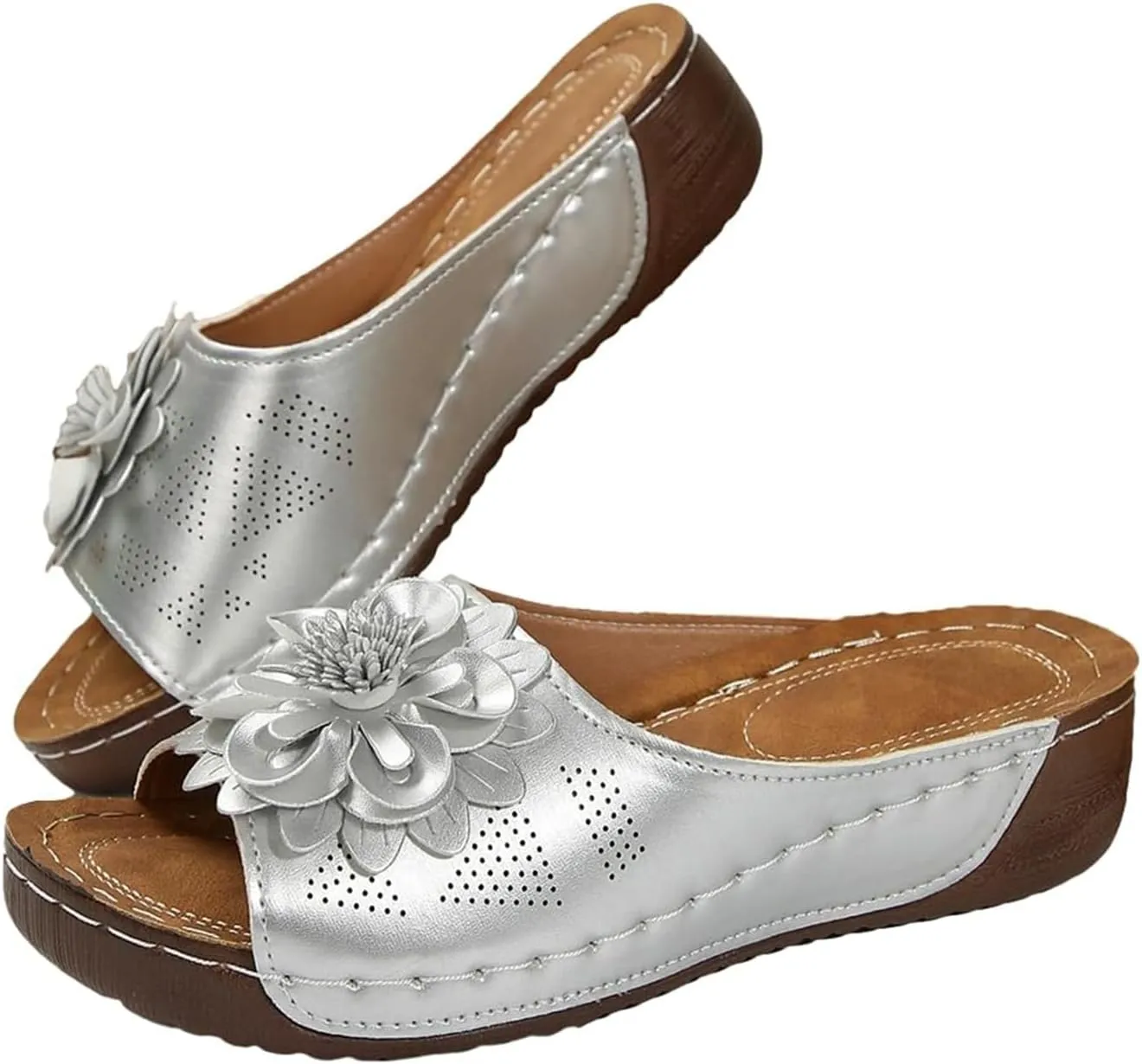 Chic Flowers Orthopedic Sandals for Women Summer Beach Comfortable Sandals Wedge Low Open Toe Slides Fish Mouth Leather Slippers Dressy Casual Slip-On with Arch Support