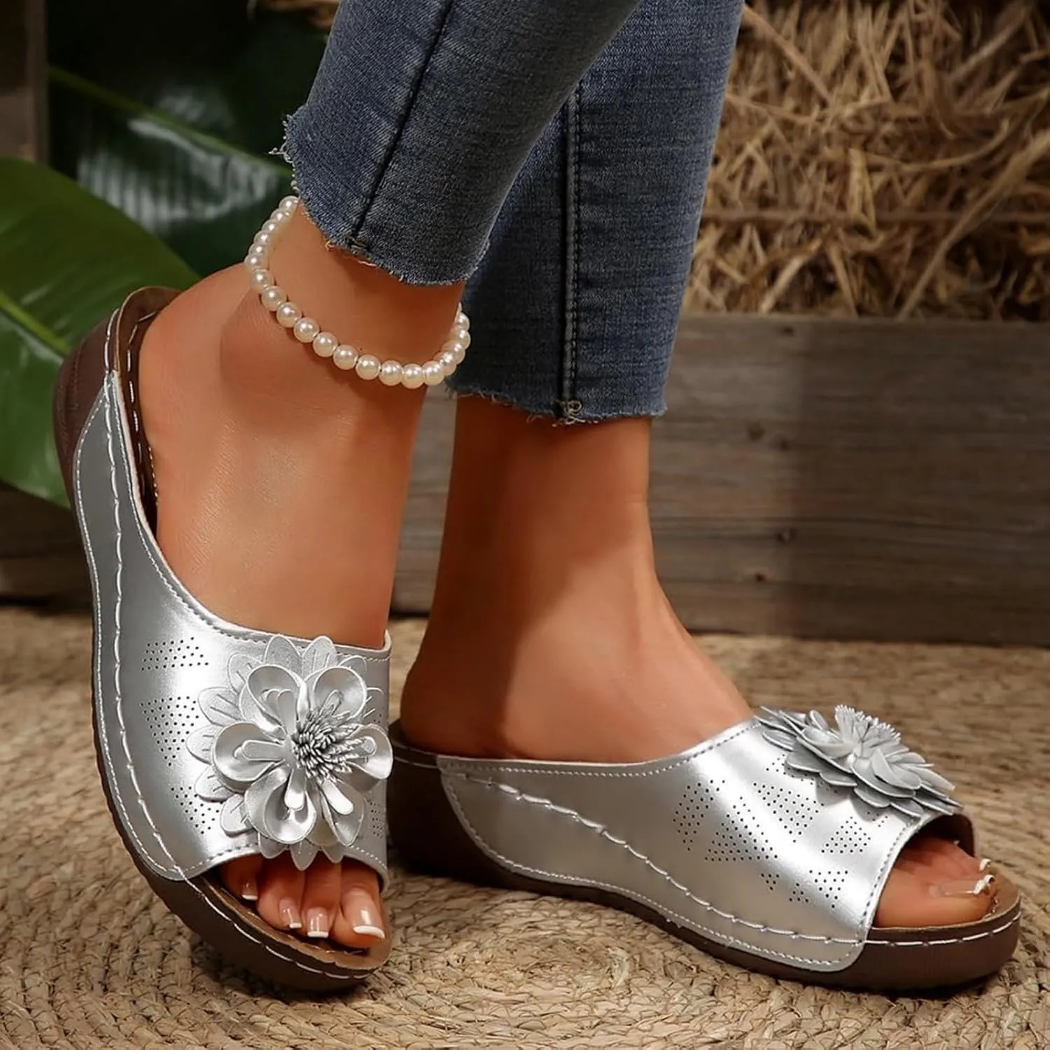 Chic Flowers Orthopedic Sandals for Women Summer Beach Comfortable Sandals Wedge Low Open Toe Slides Fish Mouth Leather Slippers Dressy Casual Slip-On with Arch Support