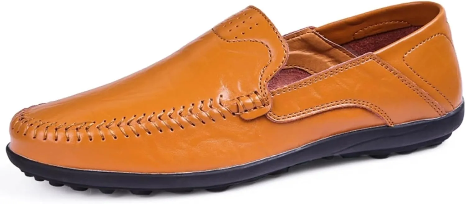 FOTN Mens Handmade Leather Slip-On Loafers Casual Round Toe Flat Penny Loafers Soft Breathable Driving Walking Boat Shoes (Yellow,8)
