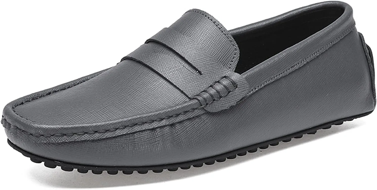 HOOENG Smoking Loafer for Men Genuine Leather Stitching Details Penny Loafer Flexible Resistant Soft Driving Slip on (Color : Grey, Size : 7.5)