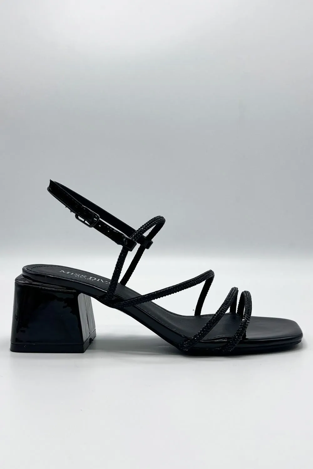 Irene Diamante Embellished 3 Strap Block Heel Sandals in Black