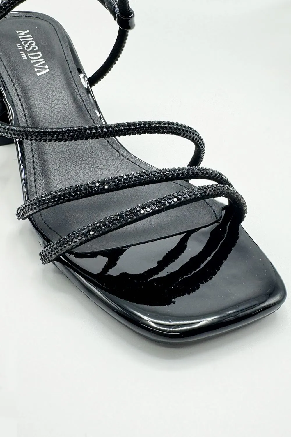 Irene Diamante Embellished 3 Strap Block Heel Sandals in Black