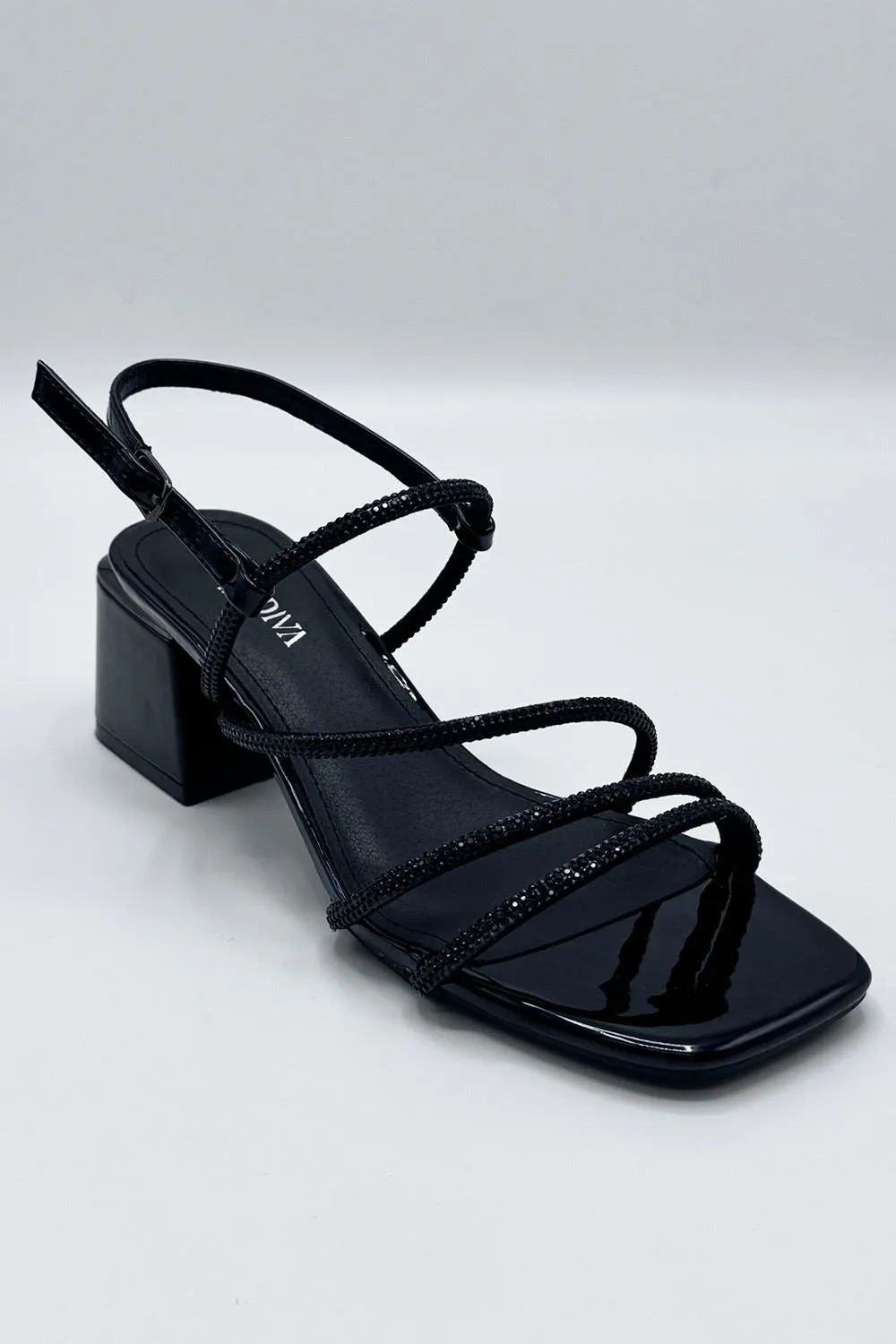 Irene Diamante Embellished 3 Strap Block Heel Sandals in Black