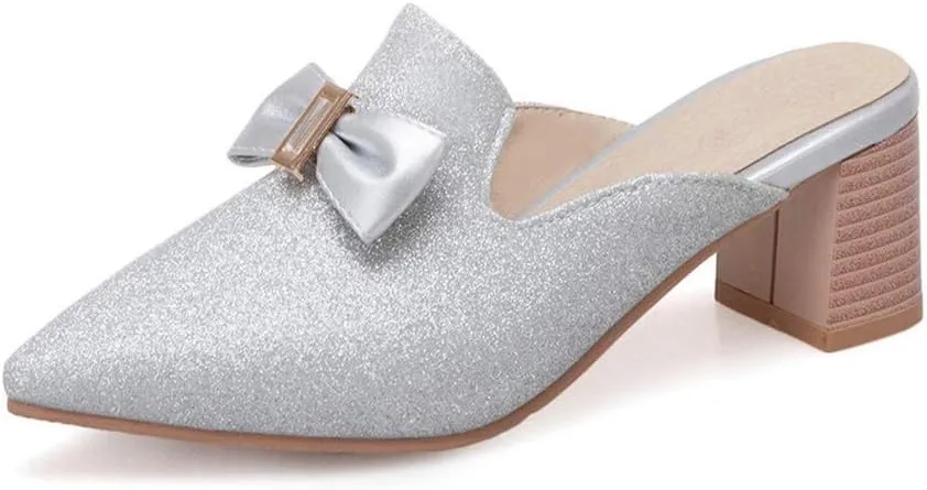MIOKE Women's Pointed Toe Bow Mules Slip On Loafer Backless Glitter Dress Pump Block Low Heel Slide Shoes
