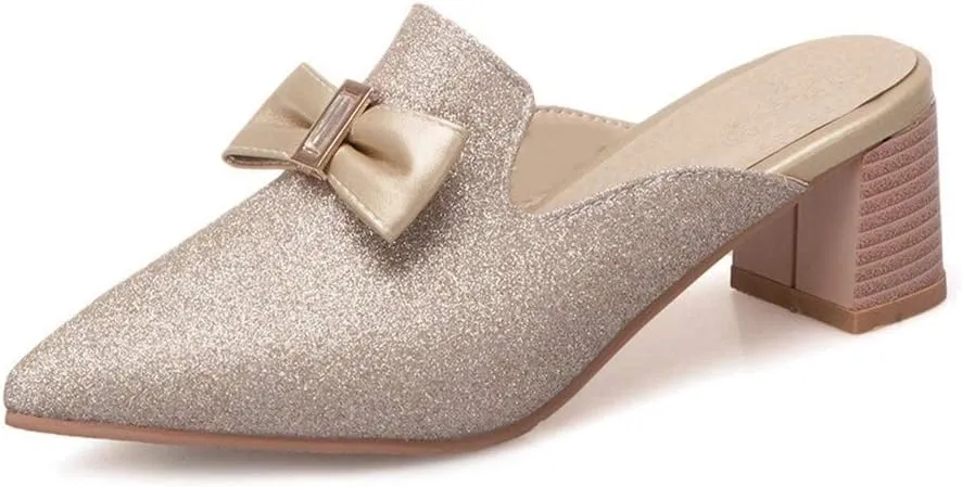 MIOKE Women's Pointed Toe Bow Mules Slip On Loafer Backless Glitter Dress Pump Block Low Heel Slide Shoes