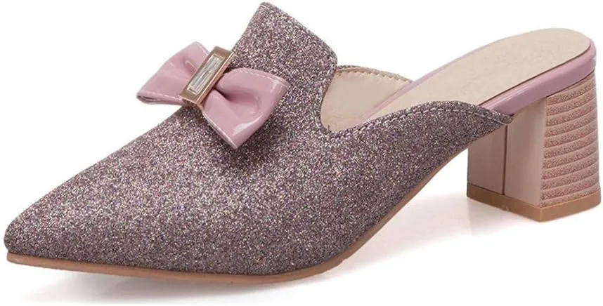 MIOKE Women's Pointed Toe Bow Mules Slip On Loafer Backless Glitter Dress Pump Block Low Heel Slide Shoes