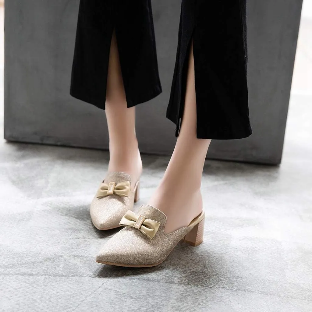 MIOKE Women's Pointed Toe Bow Mules Slip On Loafer Backless Glitter Dress Pump Block Low Heel Slide Shoes
