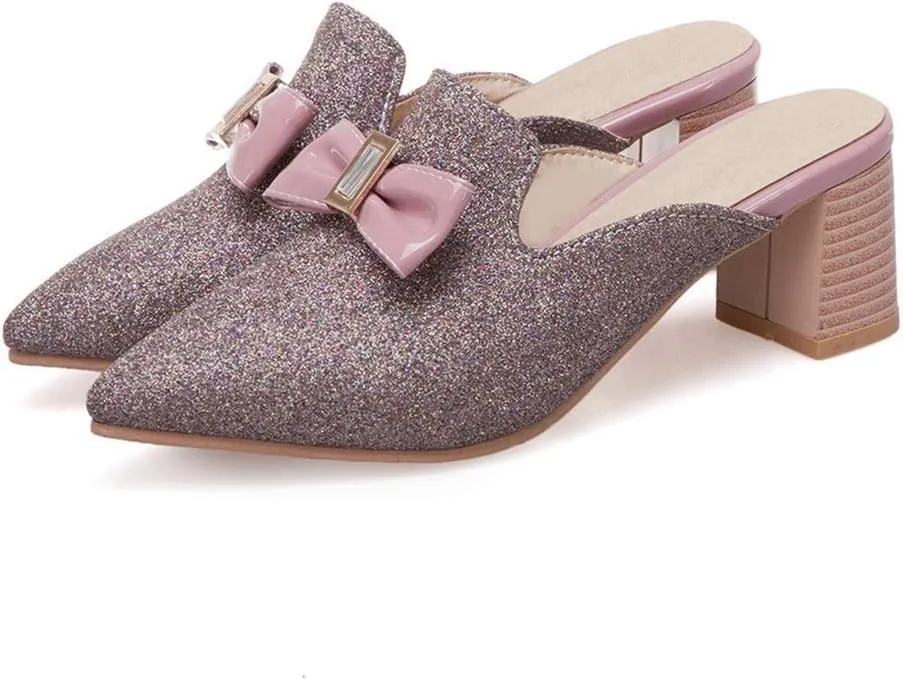 MIOKE Women's Pointed Toe Bow Mules Slip On Loafer Backless Glitter Dress Pump Block Low Heel Slide Shoes