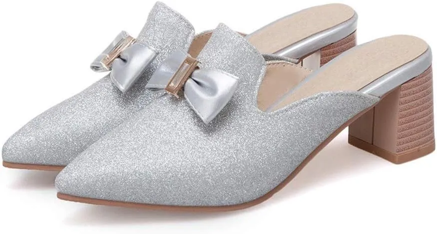 MIOKE Women's Pointed Toe Bow Mules Slip On Loafer Backless Glitter Dress Pump Block Low Heel Slide Shoes