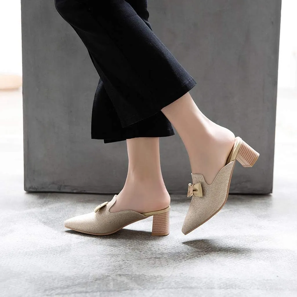 MIOKE Women's Pointed Toe Bow Mules Slip On Loafer Backless Glitter Dress Pump Block Low Heel Slide Shoes