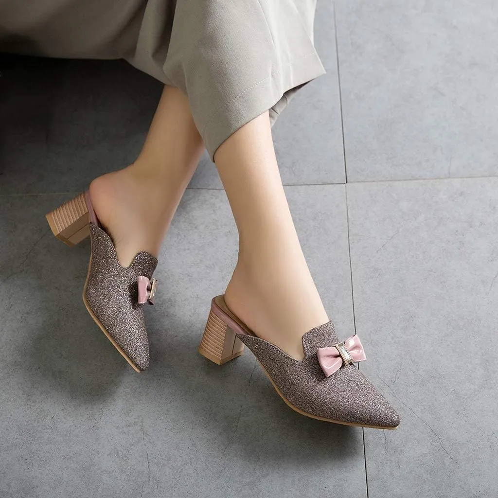 MIOKE Women's Pointed Toe Bow Mules Slip On Loafer Backless Glitter Dress Pump Block Low Heel Slide Shoes