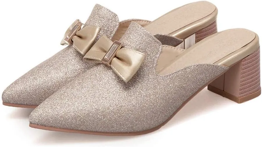 MIOKE Women's Pointed Toe Bow Mules Slip On Loafer Backless Glitter Dress Pump Block Low Heel Slide Shoes