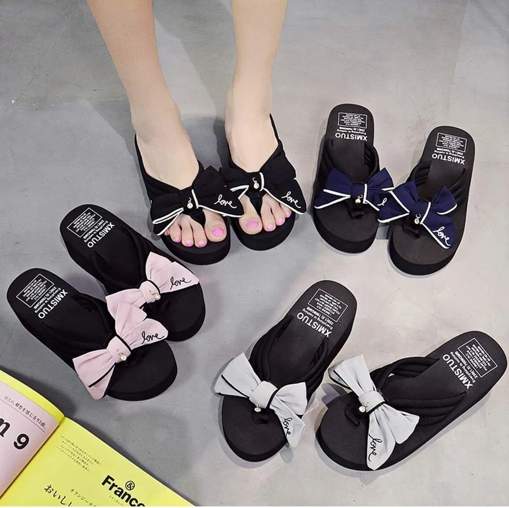 MIOKE Women's Sweet Bowknot Wedge Flipflops Summer Fashion Platform Comfort Nonslip Beach Thong Sandals