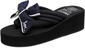 MIOKE Women's Sweet Bowknot Wedge Flipflops Summer Fashion Platform Comfort Nonslip Beach Thong Sandals