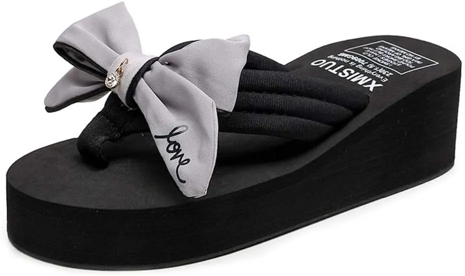 MIOKE Women's Sweet Bowknot Wedge Flipflops Summer Fashion Platform Comfort Nonslip Beach Thong Sandals