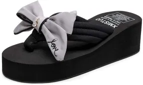 MIOKE Women's Sweet Bowknot Wedge Flipflops Summer Fashion Platform Comfort Nonslip Beach Thong Sandals