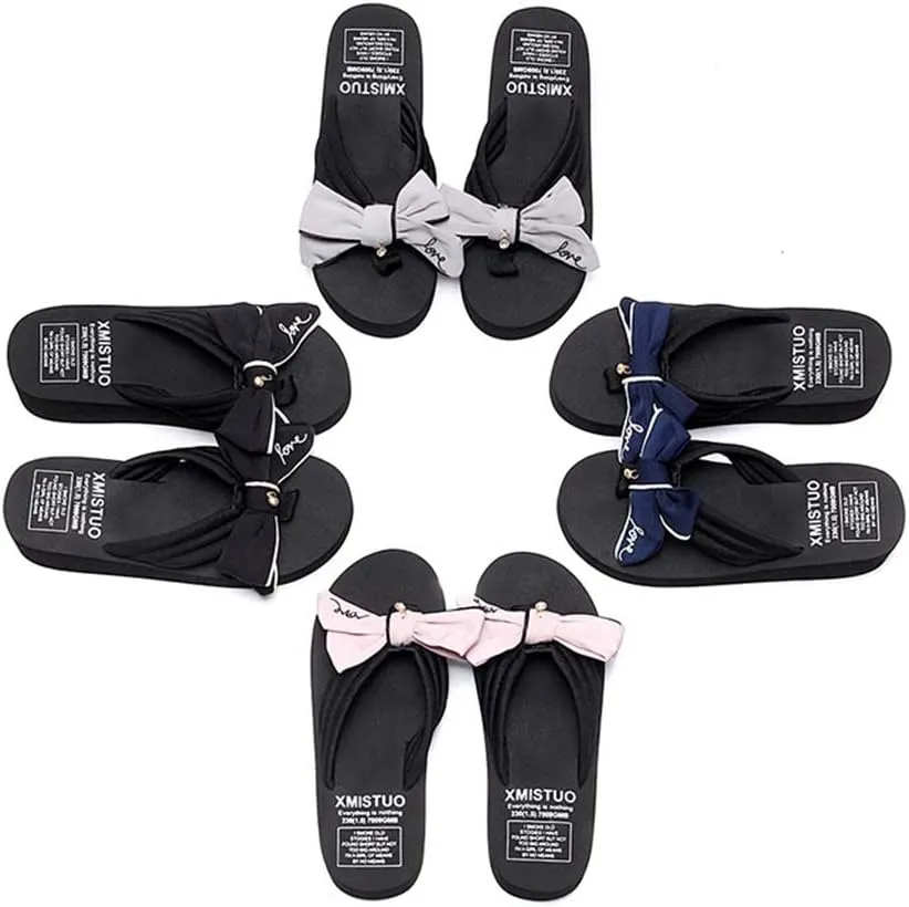 MIOKE Women's Sweet Bowknot Wedge Flipflops Summer Fashion Platform Comfort Nonslip Beach Thong Sandals