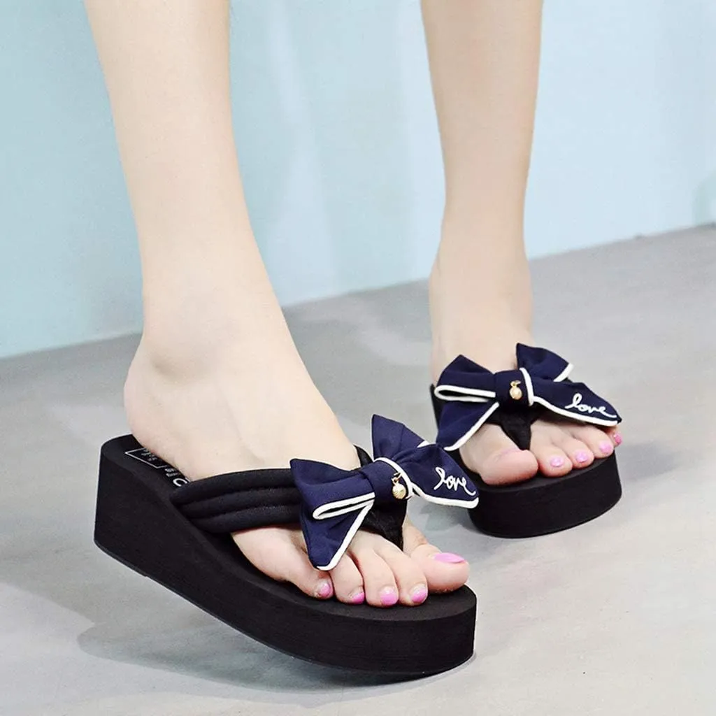 MIOKE Women's Sweet Bowknot Wedge Flipflops Summer Fashion Platform Comfort Nonslip Beach Thong Sandals