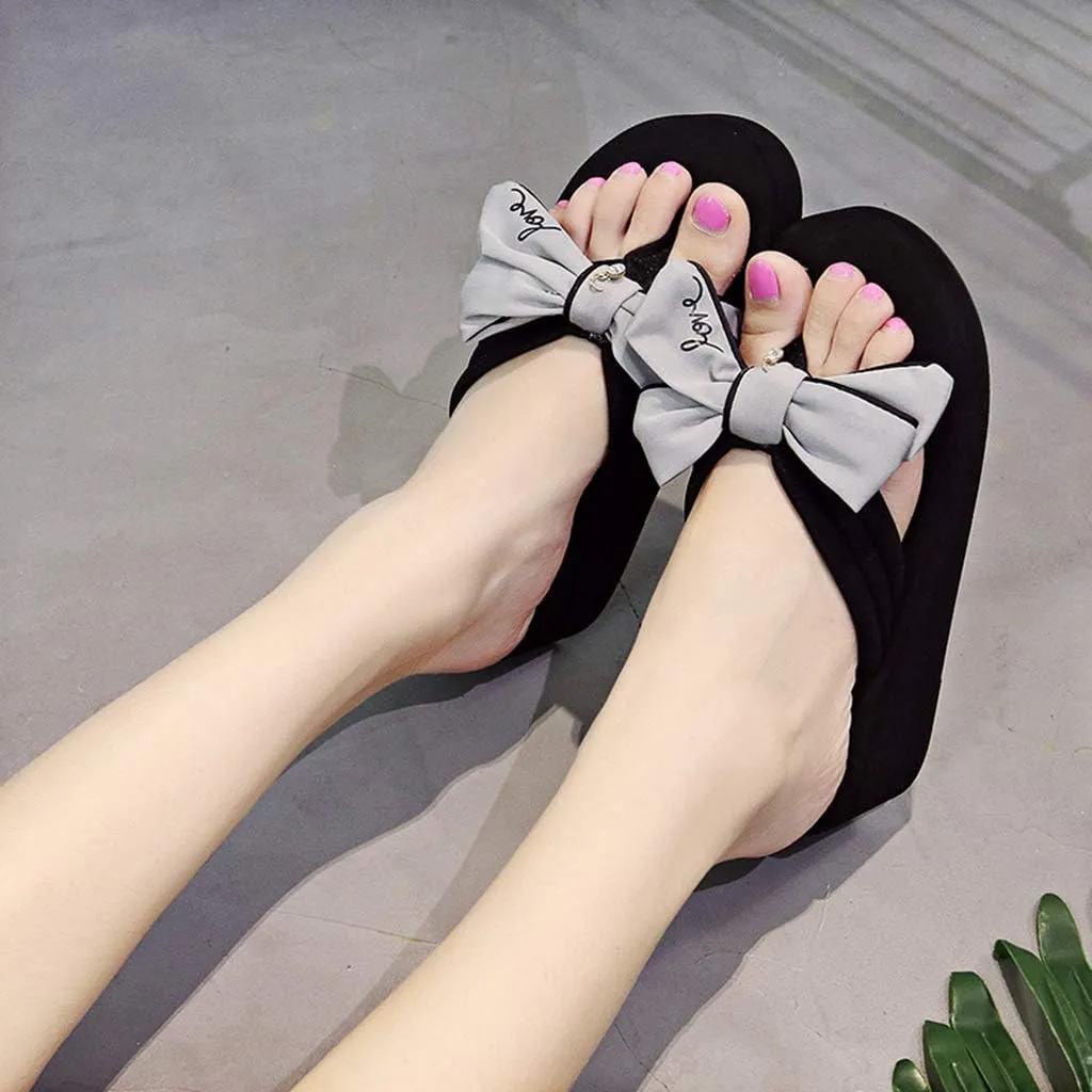MIOKE Women's Sweet Bowknot Wedge Flipflops Summer Fashion Platform Comfort Nonslip Beach Thong Sandals