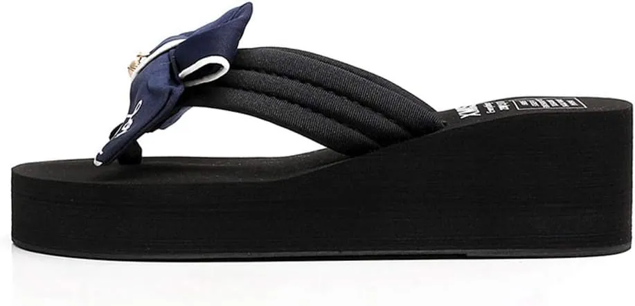 MIOKE Women's Sweet Bowknot Wedge Flipflops Summer Fashion Platform Comfort Nonslip Beach Thong Sandals
