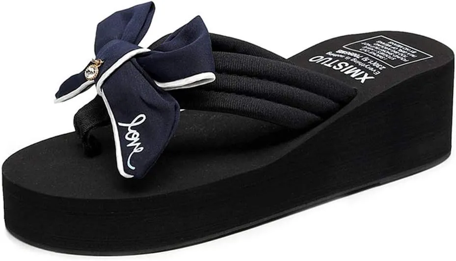 MIOKE Women's Sweet Bowknot Wedge Flipflops Summer Fashion Platform Comfort Nonslip Beach Thong Sandals