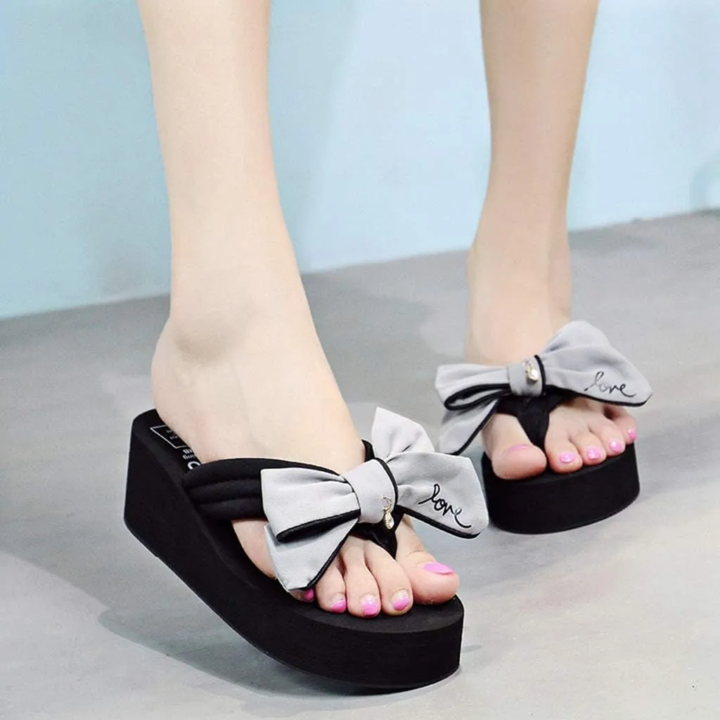 MIOKE Women's Sweet Bowknot Wedge Flipflops Summer Fashion Platform Comfort Nonslip Beach Thong Sandals