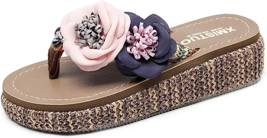MIOKE Wome's Straw Platform Flipflops Bohemia Flowers Summer Comfort Nonslip Beach Wedge Thong Sandals