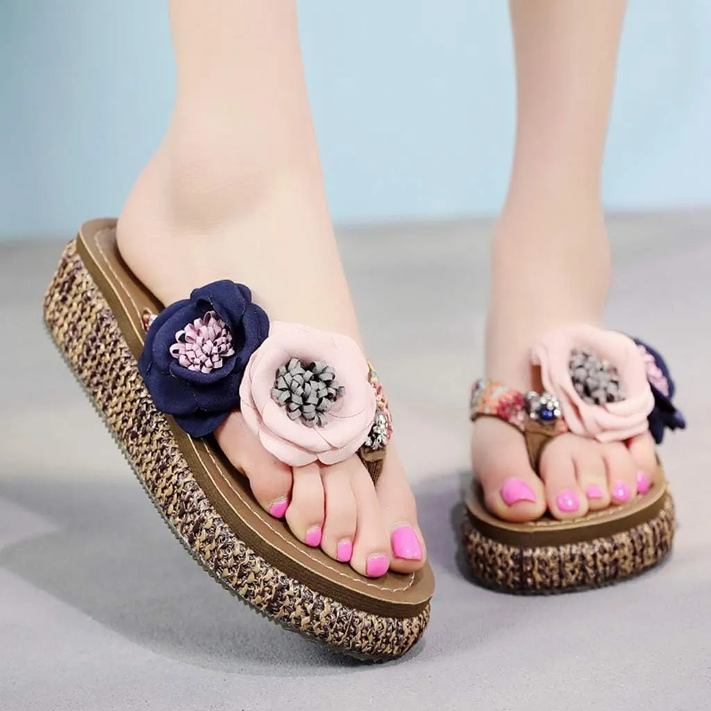 MIOKE Wome's Straw Platform Flipflops Bohemia Flowers Summer Comfort Nonslip Beach Wedge Thong Sandals