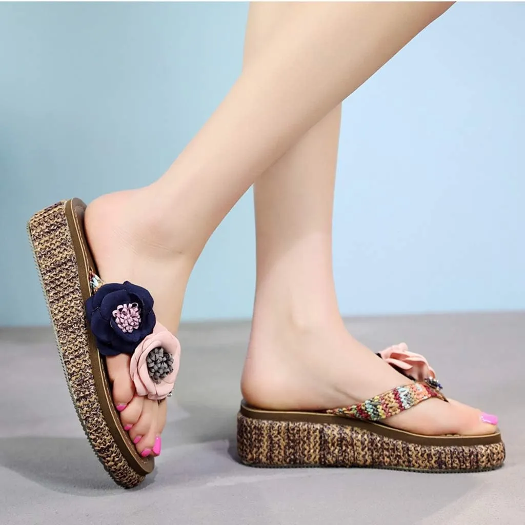 MIOKE Wome's Straw Platform Flipflops Bohemia Flowers Summer Comfort Nonslip Beach Wedge Thong Sandals