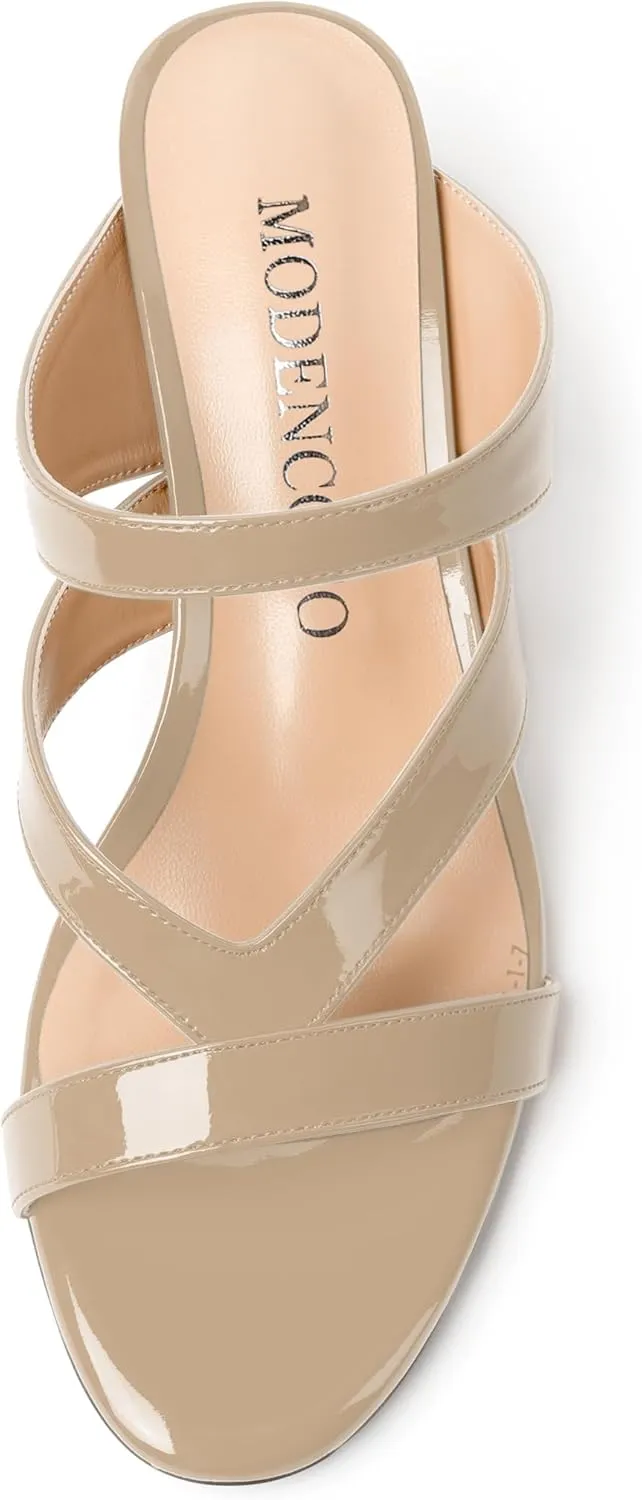 MODENCOCO Womens Patent Party Open Toe Stylish Casual Strappy Slip On Kitten Low Heel Heeled Sandals 2 Inch