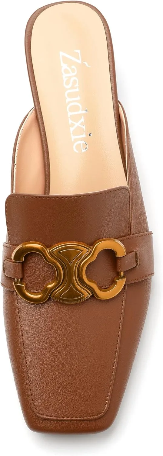 Mules Shoes for Women, Women's Chunky Mules Square Toe Slip on Comfortable Dress Casual Low Heel Metal Buckle Backless Slides Loafer Shoes 1.4 Inch