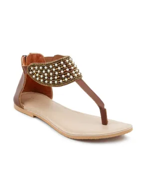 Tan Embellished Flat  Sandal