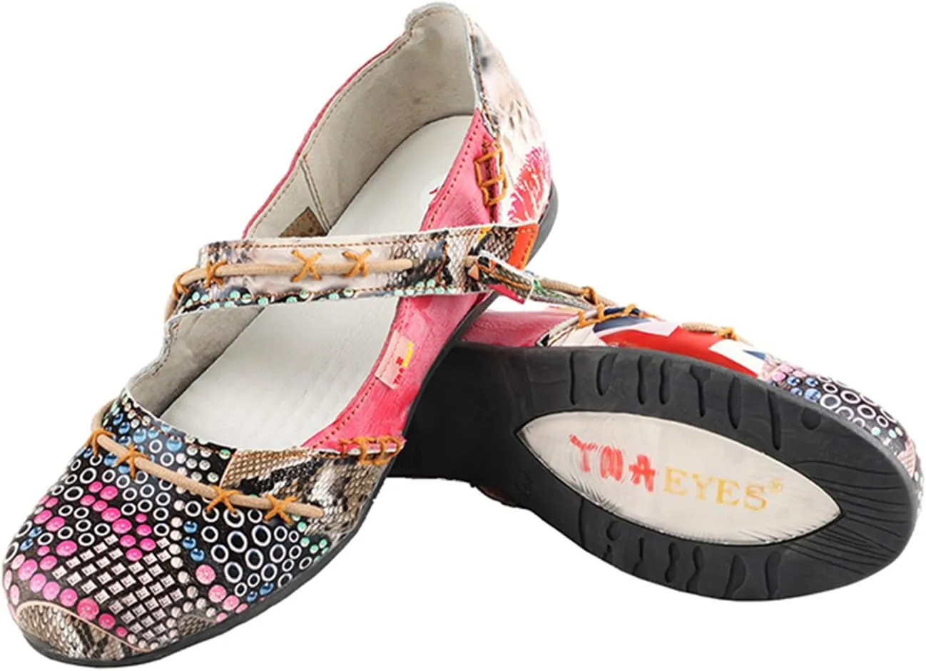 TMA EYES Women Leather Sandals Stylish Color-Block Flat Shoes Multicolor Stitching