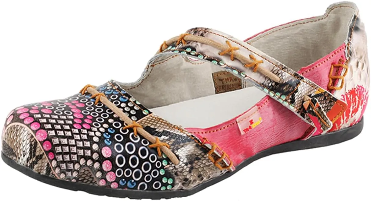TMA EYES Women Leather Sandals Stylish Color-Block Flat Shoes Multicolor Stitching