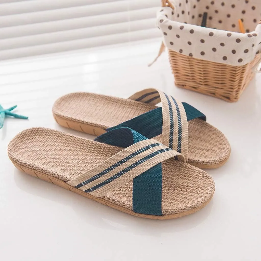Unisex Linen Cr OSS Beach Slippers Lightweight Non Slip Indoor Sandals Open Toe Breathable Womens Espadrilles Flats