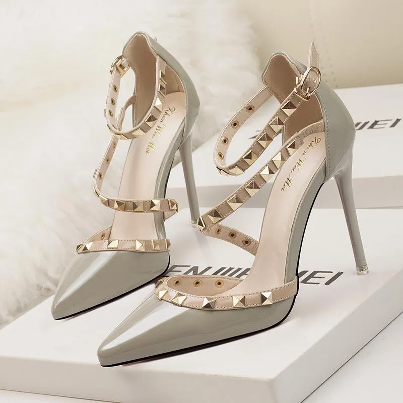 Women Pointed Toe Strappy Hollow Studded Heels