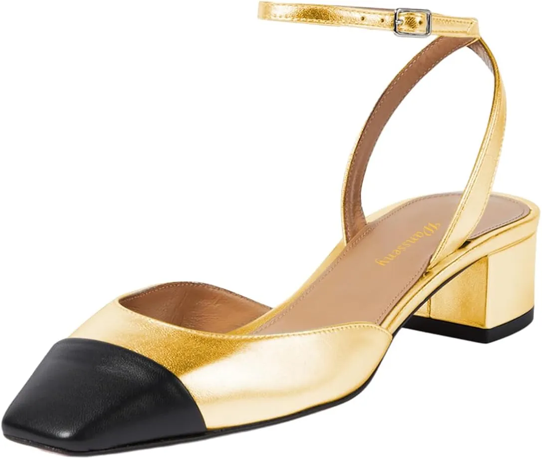Women Stylish Square Cap Toe Block Low Heel Sandals Ankle Strap Slingback Summer Dress Shoes Size 4-16 US