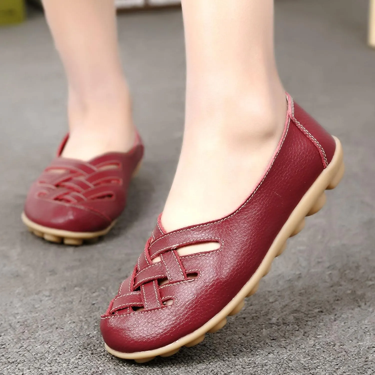 Womens Loafers Comfortable Dressy Faux Leather Casual Walking Loafers Hollow Out Criss Cross Driving Sandals Business Work Shoes Breathable Lightweight Closed Toe Comfy Sandals 2025 Trendy