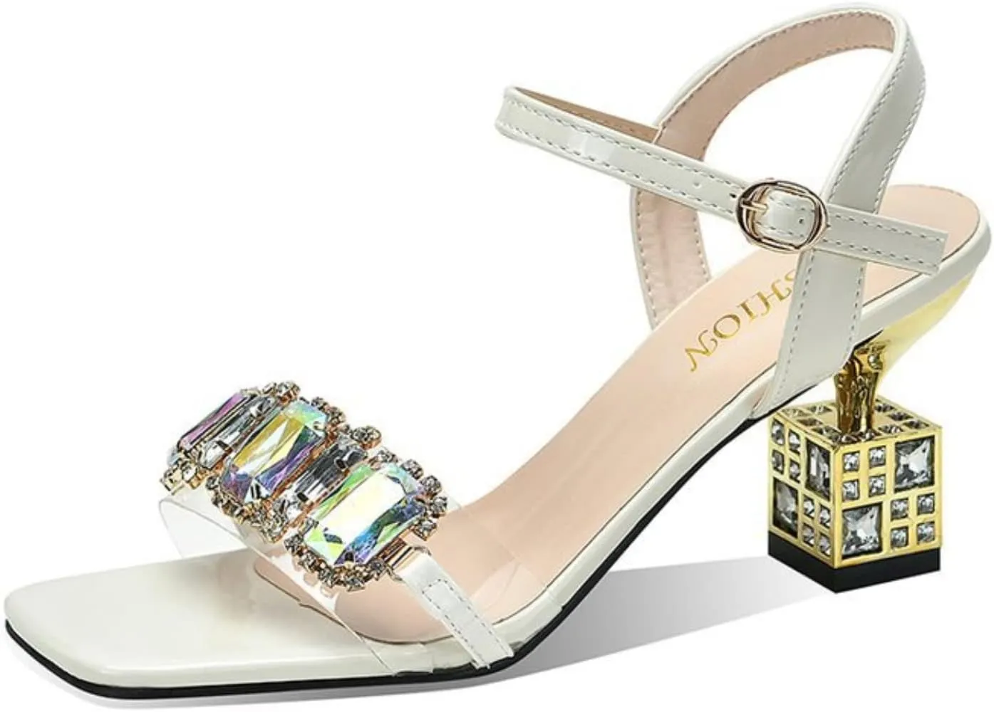 Women's Open Toe Shiny Diamond Chunky Heel Sandals,Party Dress Sparkle Slip-On Platform Sandals,Chic Casual Diamond Sandals.